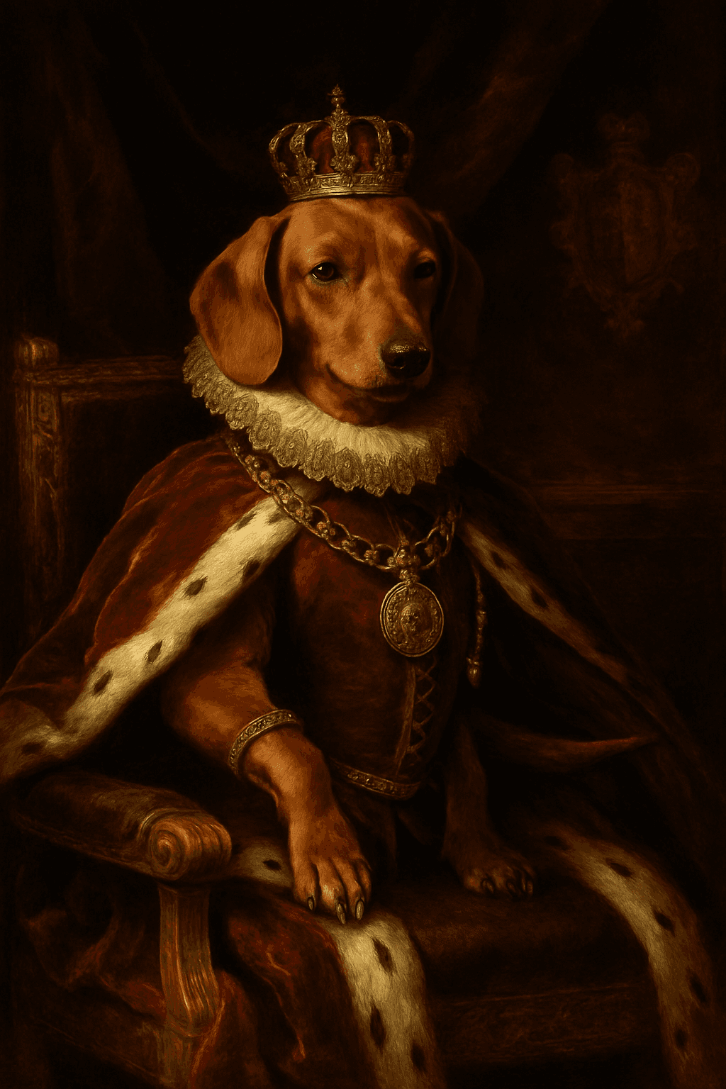 Retrato clásico de un golden retriever con atuendo noble