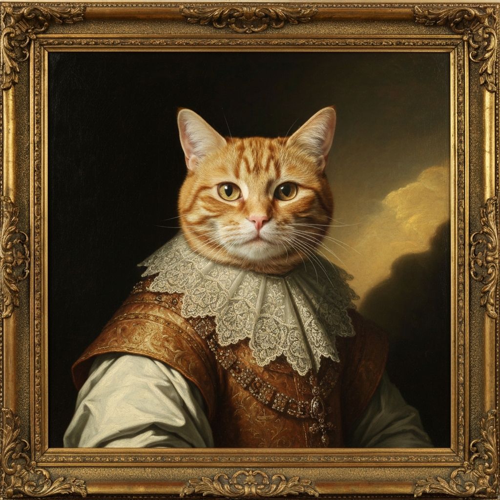 Retrato real de un gato naranja con vestimenta noble