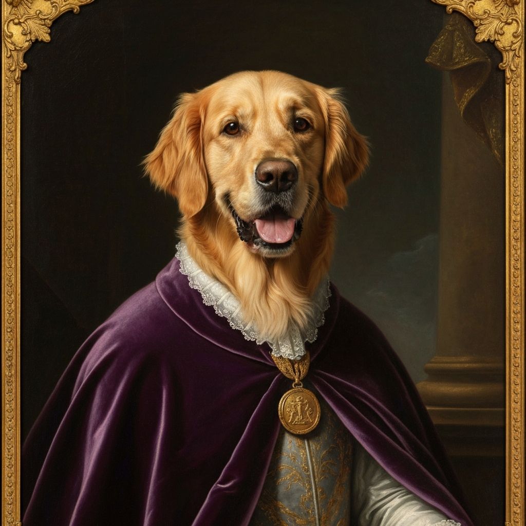 Retrato clásico de un golden retriever con atuendo noble