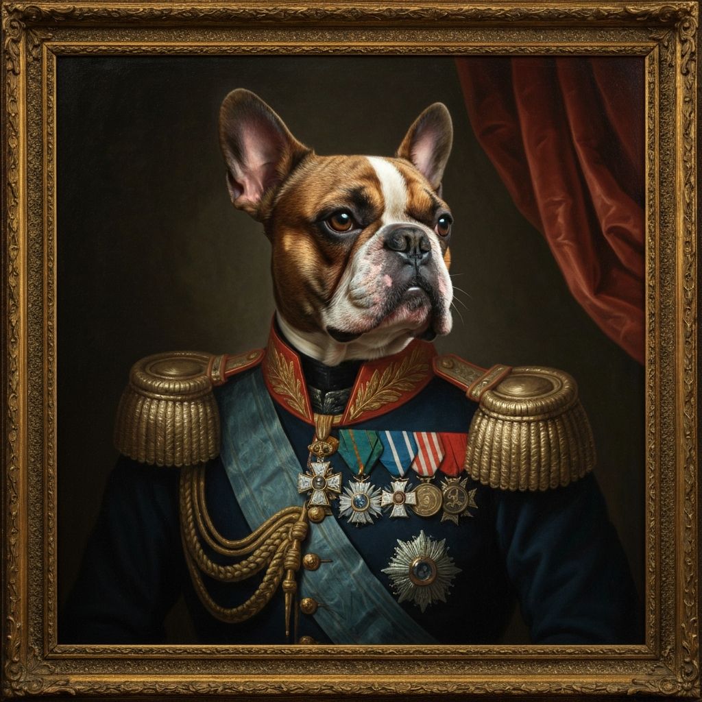 Retrato clásico de un bulldog francés con uniforme militar